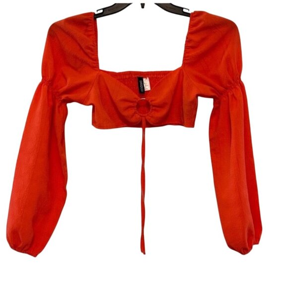 H&M Divided Womens Orange Crop Top S Square Neck Long Puff Sleeves Polyester & E - Picture 2 of 12